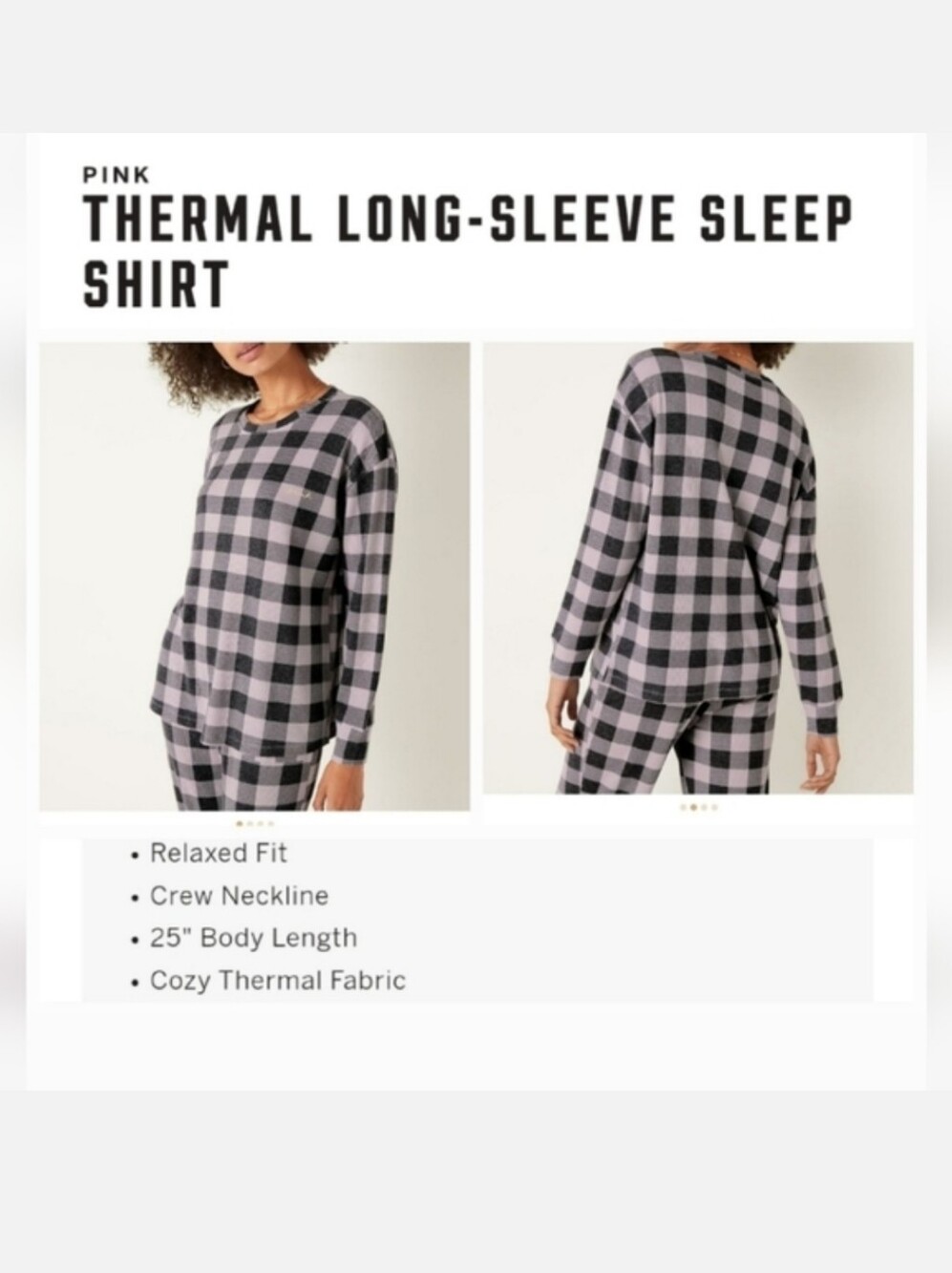 Victoria's secret pink plaid thermal long-sleeve sleep shirt XXL